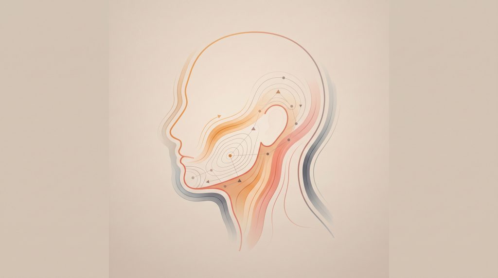 概念式編輯插畫:以簡化線條勾勒的側臉輪廓剪影,臉頰與頸部沿線有漸層暖色流線象徵組織血流方向,周圍分布細緻等高線與幾何節點,代表分層評估,畫面中無任何文字或真實人物。